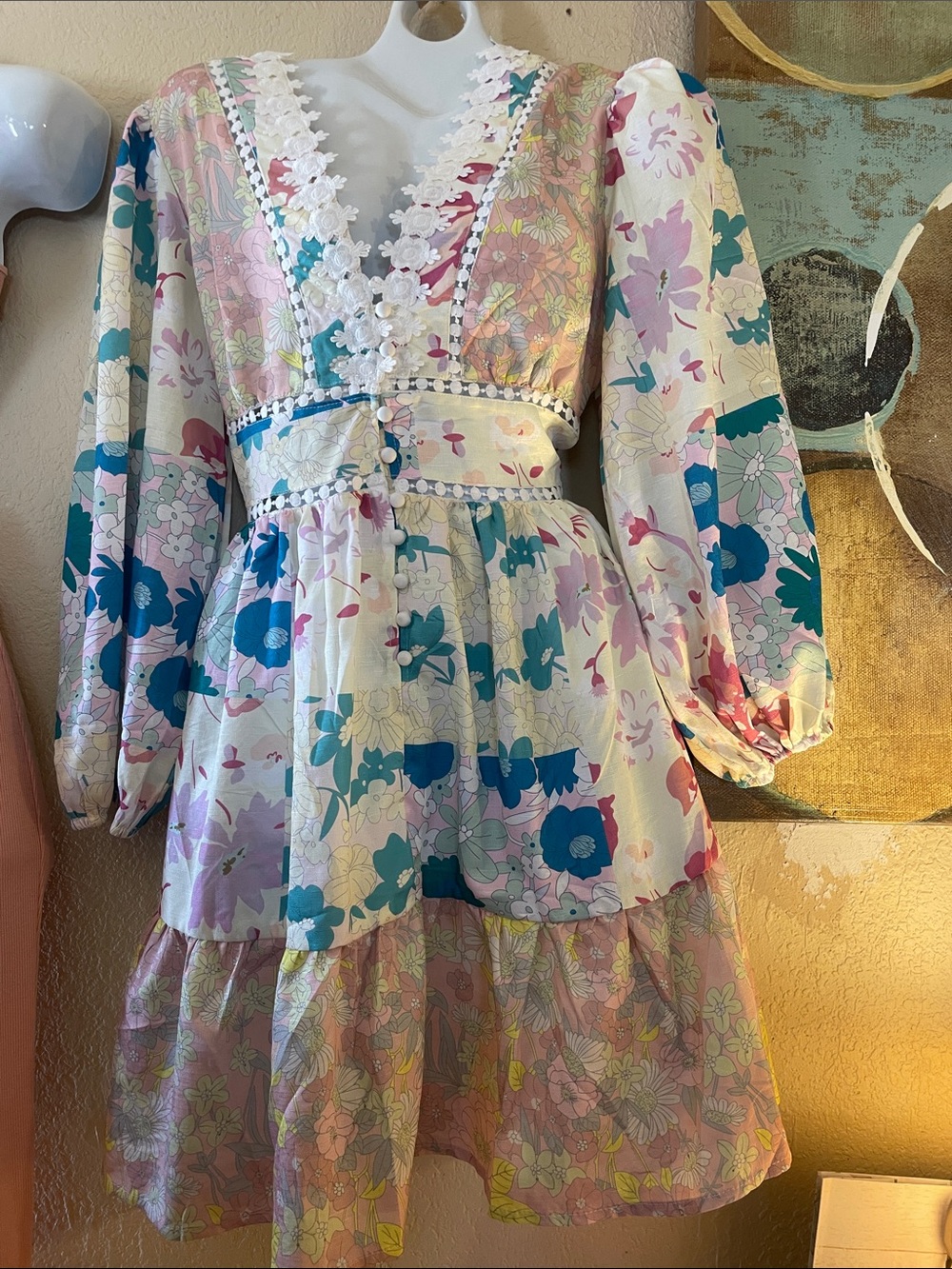 Boho Floral Lace-Trim Midi Dress - Pink & Teal